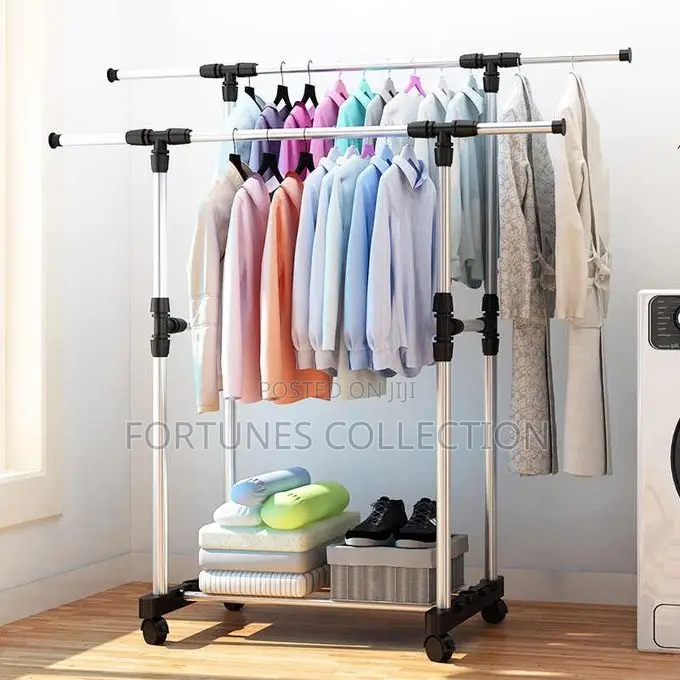 Adjustable Double Pole Clothes Rack With Wheels & Extendable Arms