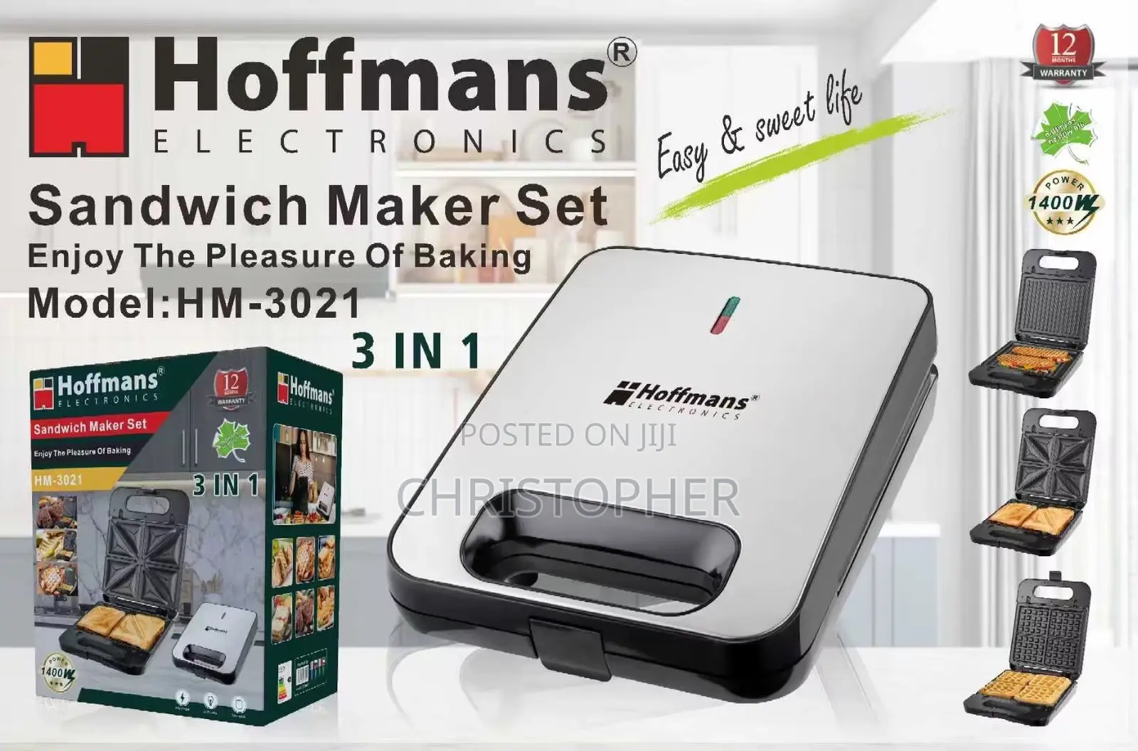Hoffmans 3 in 1 4-Face 4-Slice Multi-Functional Grill,waffle,toaster