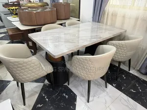 Classic Marble Dining Table With 6-Leather Chairs