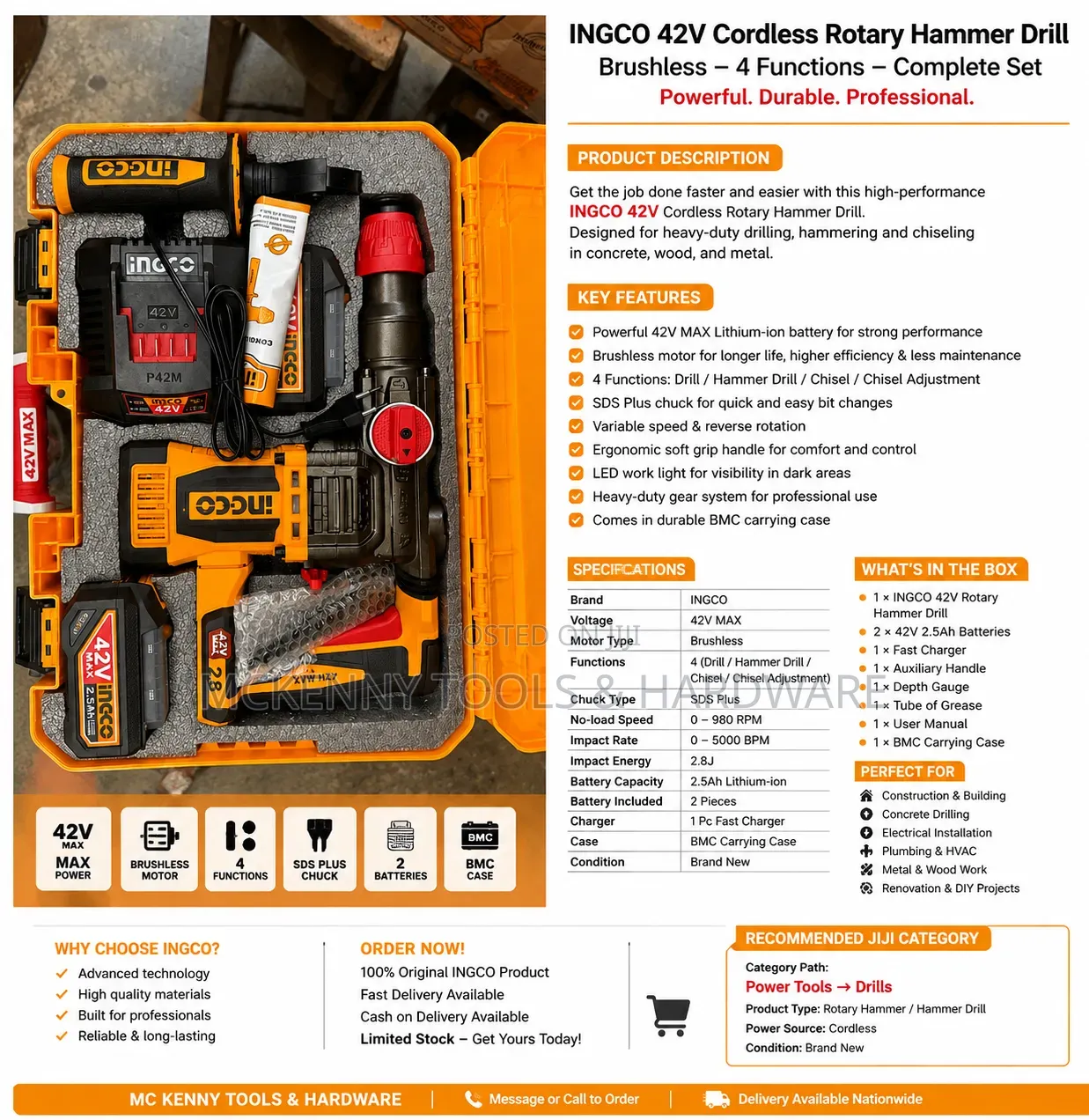 26mm Ingco 42V MAX Cordless Rotary Hammer Drill Kit