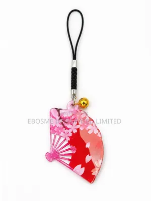 Japanese Floral Folding Fan Charm Strap With Bell