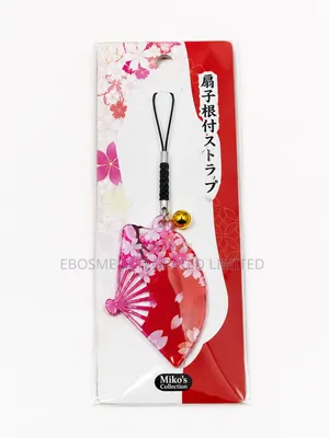 Japanese Floral Folding Fan Charm Strap With Bell