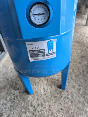 Blue Vertical Water Pressure Tank With Legs and a Built-in Pressures