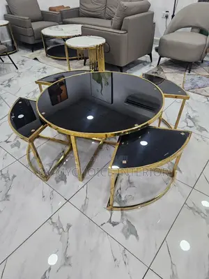 Gold Center Table Set With 4 Extendable Side Stools