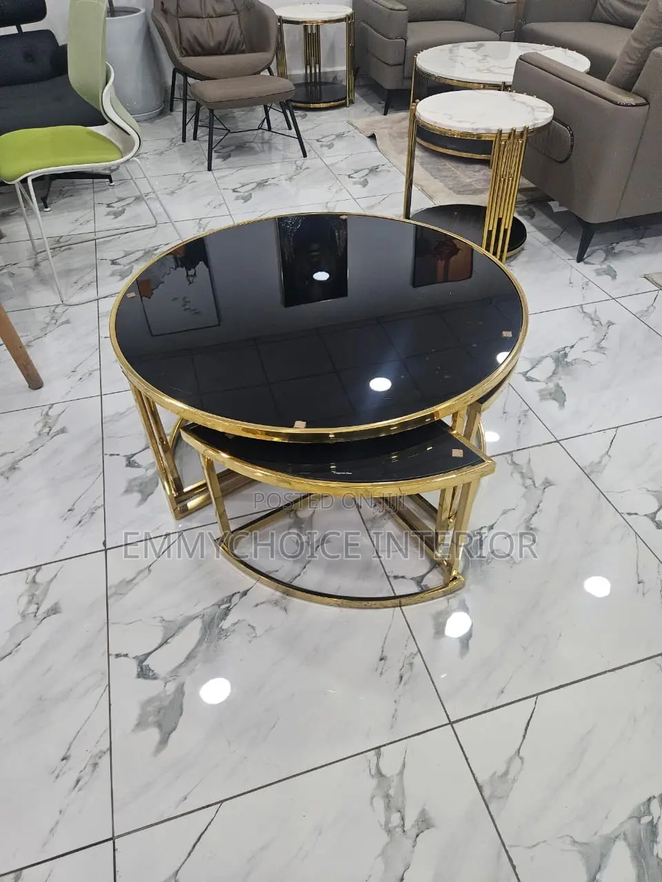 Gold Center Table Set With 4 Extendable Side Stools