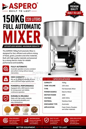 150kg Full Automatic Feed Mixer – 220l | 3kw | Stainless Steel