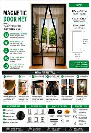 Magnetic Mosquito Net Door Curtain 122 × 210cm Self Closing Black