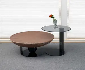 Minimalist Wood & Glass Round Coffee Table Set