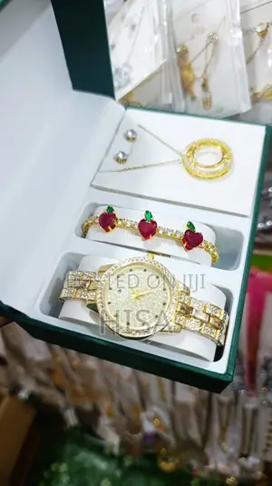 Elegant Women's Gold Quartz Watch, Bracelet & Necklace Jewelry Set