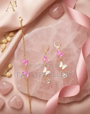 Pink Crystal Butterfly Earrings and Bracelet Set