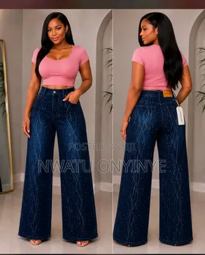 Ladies Rhinestone High Waist Wide Leg Palazzo Jeans _Dark Color