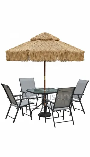 A Set of Outdoor  Patio Table and Chairs With Thatch Umbrella