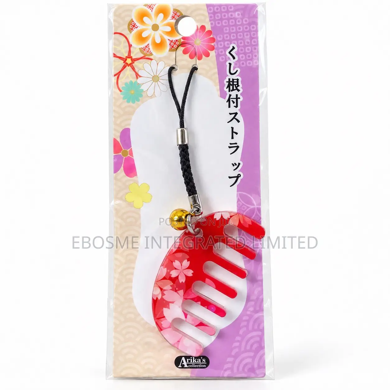 Japanese Floral Mini Comb Charm Strap With Bell