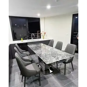 6-Seater Marble Dining Table Set  With Premium Leather Chairs