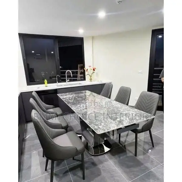 6-Seater Marble Dining Table Set  With Premium Leather Chairs