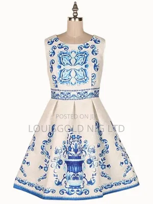 Elegant Blue & White Printed Fit-and-Flare Dress