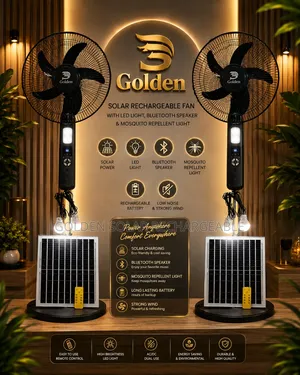Golden Solar Rechargeable Fan -8hrs Battery +Solar +Bluetooth + 2Bulbs