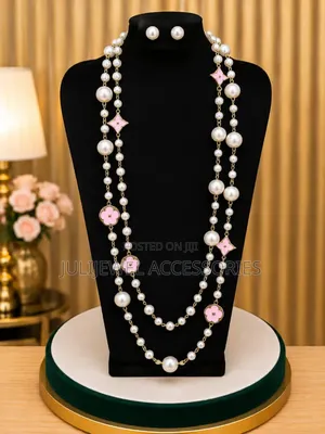 Pearl Beaded Dropping Long Necklace Chain With Earrings for Ladies