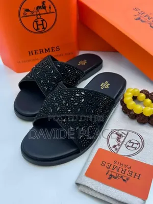 Hermes Leather Unisex Stone Cross Slide Black