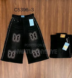 Black High Waist Butterfly Studded Denim Shorts Wide Leg..code 5396_3