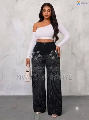 Black High Waist Wide Leg Galaxy Star Rhinestone Palazzo Jeans