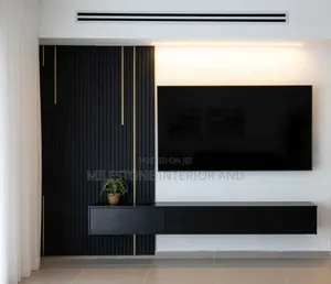 Modern Floating TV Console With Black Wall Panel & LED Light