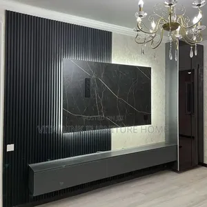Luxury Black Fluted TV Wall Unit With Marble Panel & LEDs