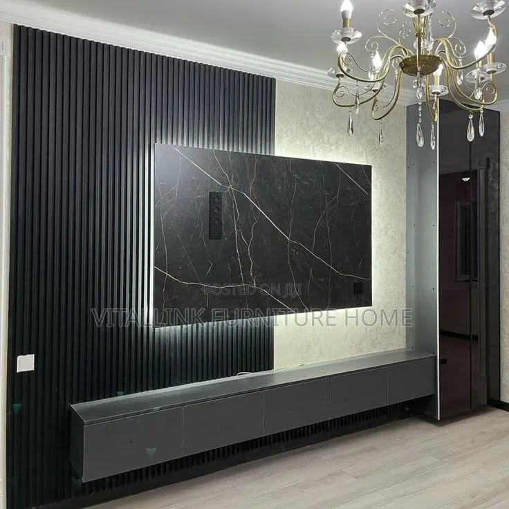 Luxury Black Fluted TV Wall Unit With Marble Panel & LEDs