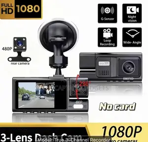 Real 3-Channel Dash Cam, Front 1080 FHD, Rear 480P, Reverse Image