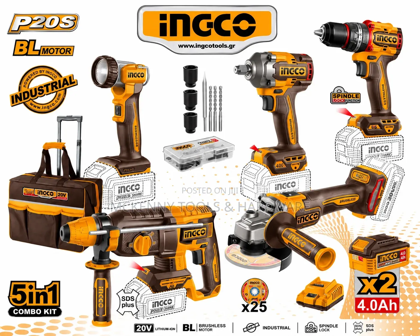 INGCO 5-in-1 20V Brushless Combo Kit – 2 Batteries