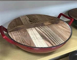 Enamel Cast Iron Wok Pan With a Wooden Cover