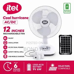Itel 12 Inch Solar Rechargeable Fan + Panel & 2 Bulbs. Solar Desk Fan