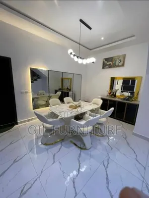 ​Luxury 6-Seater Marble Top Dining Set With Modern Cantilever Chairs