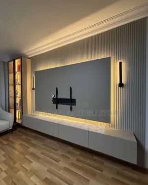 Modern Floating TV Console With Wall Panel Design