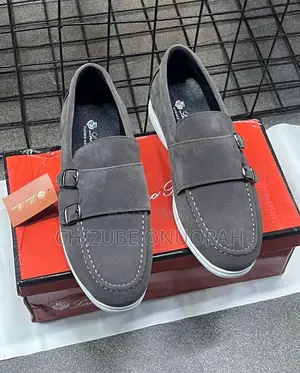 Loro Piana Men’s Suede Double Buckle Loafers |Gray | Black