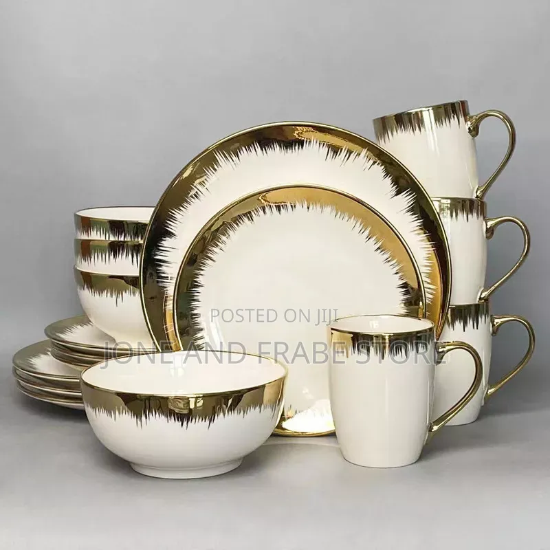 16Piece Gold-Tips Ceramic Dinnerware Set, Light Luxury