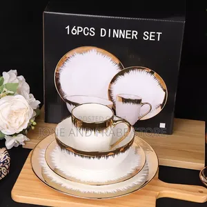 16Piece Gold-Tips Ceramic Dinnerware Set, Light Luxury