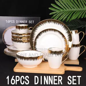 16Piece Gold-Tips Ceramic Dinnerware Set, Light Luxury