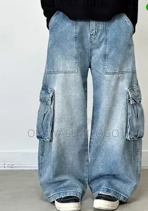 New High Waisted Loose Fit Straight Leg Denim Work Pants for Men.