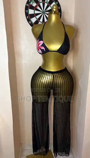 Black Mesh Stripe Cover-Up Pants