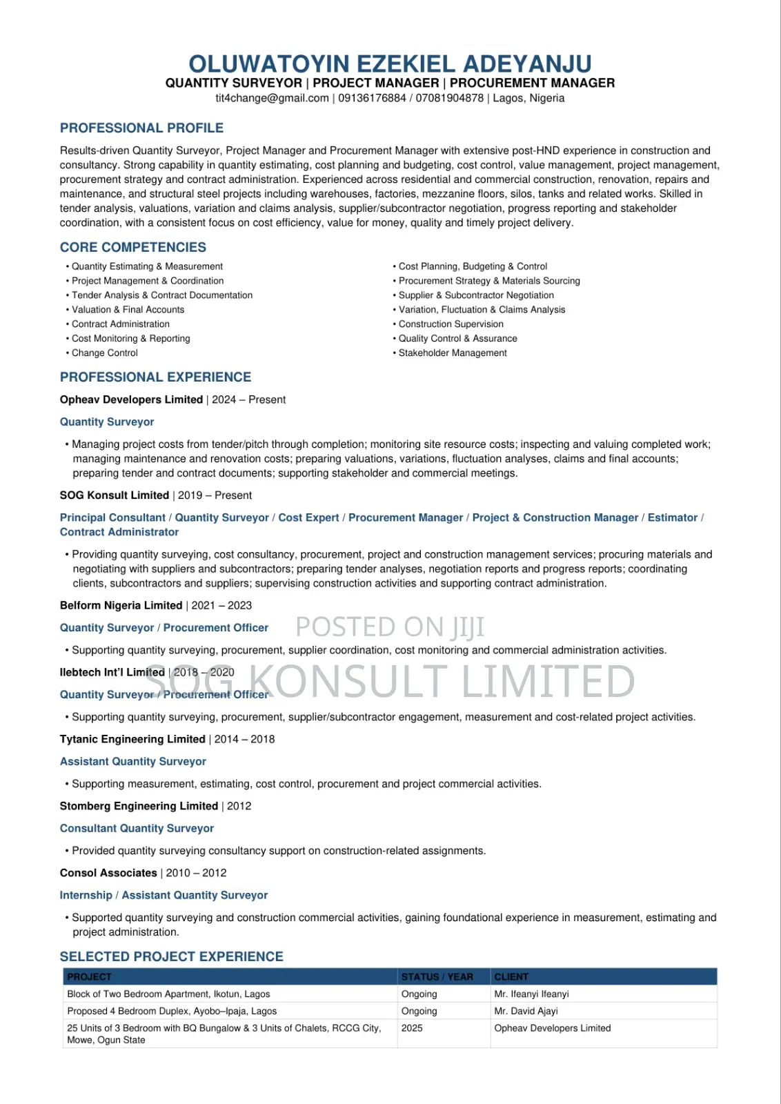 Quantity Surveyor, Cost Expert, and Procurement Manager