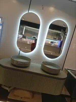 Double Vanity Cabinet Set With 2 Round Basins + 2 LED Oval Mirrors