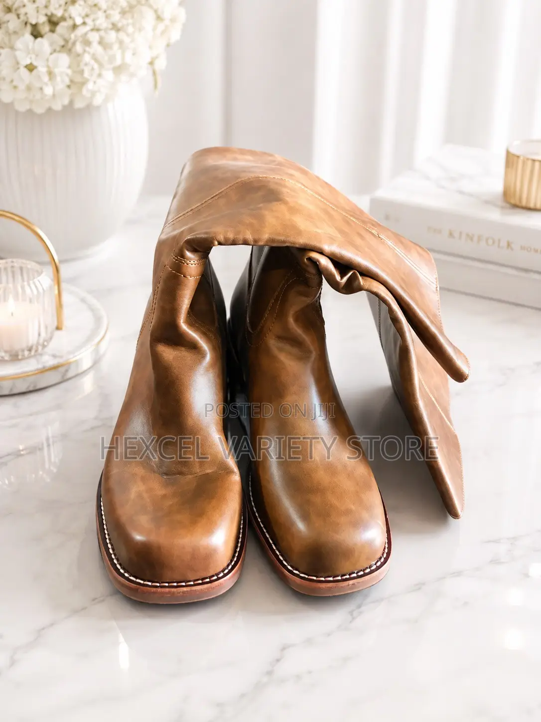 Leather Knee-High Boots - Comfortable Block Heels