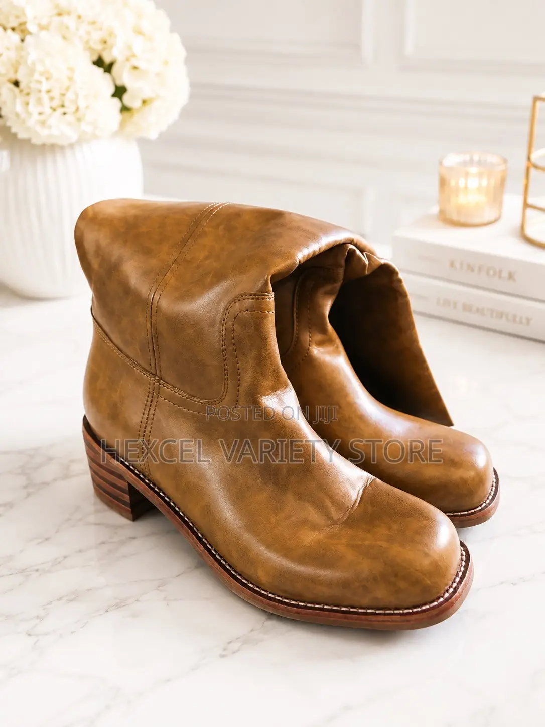 Leather Knee-High Boots - Comfortable Block Heels