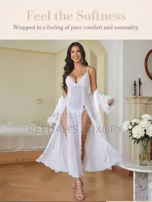 Feather Trim Robe Slip Set