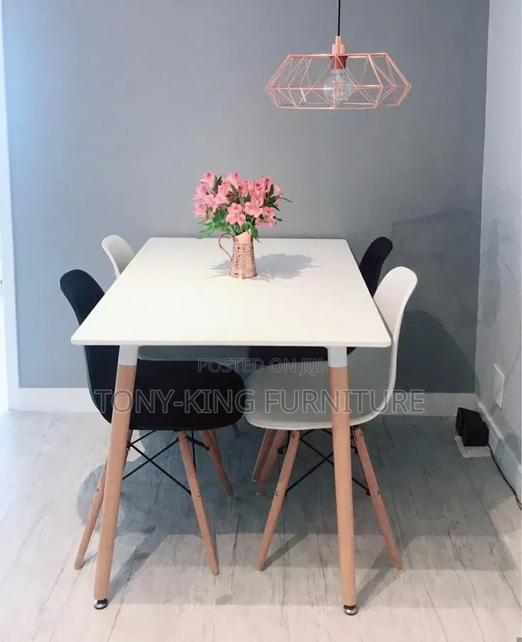 Modern 4-Seater Rectangular Wooden Dining Table Set With Wooden Leg