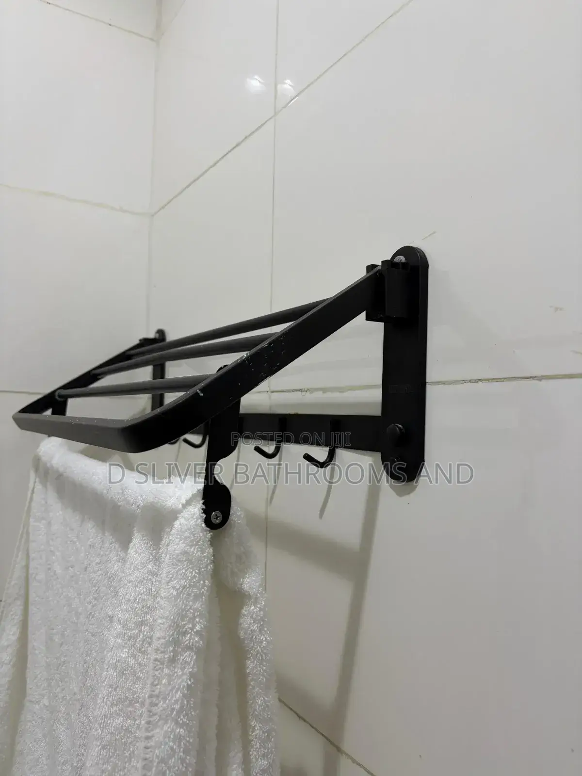 Foldable Black Bathroom Towel Rack With Hooks (60cm)