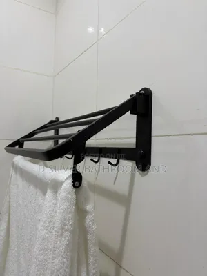 Foldable Black Bathroom Towel Rack With Hooks (60cm)