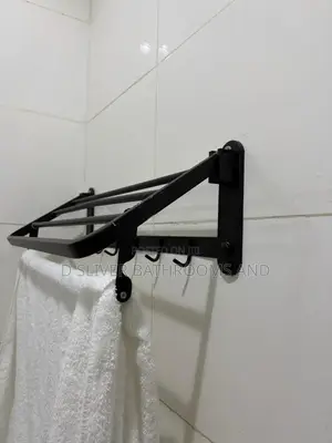 Foldable Black Bathroom Towel Rack With Hooks (60cm)