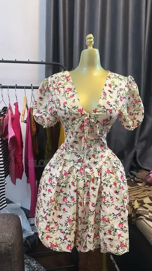 Floral Puff-Sleeve Tie-Front Mini Dress